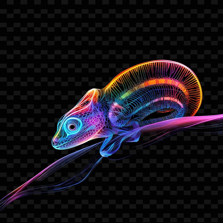 PSD chameleon rainforest mirage color changing neon lines ferns png y2k shapes transparent light arts
