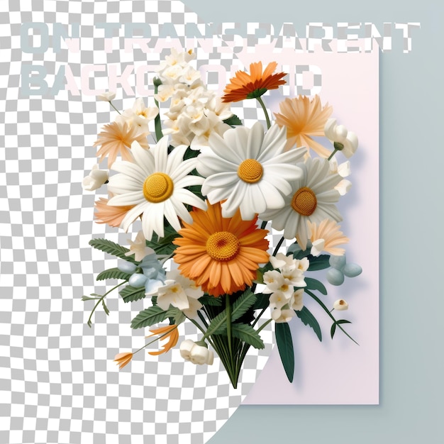 PSD chamomile and various flowers in a bouquet set against a transparent background