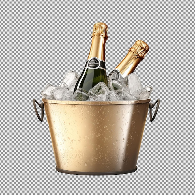 Champagne bottle in a bucket with ice on white background