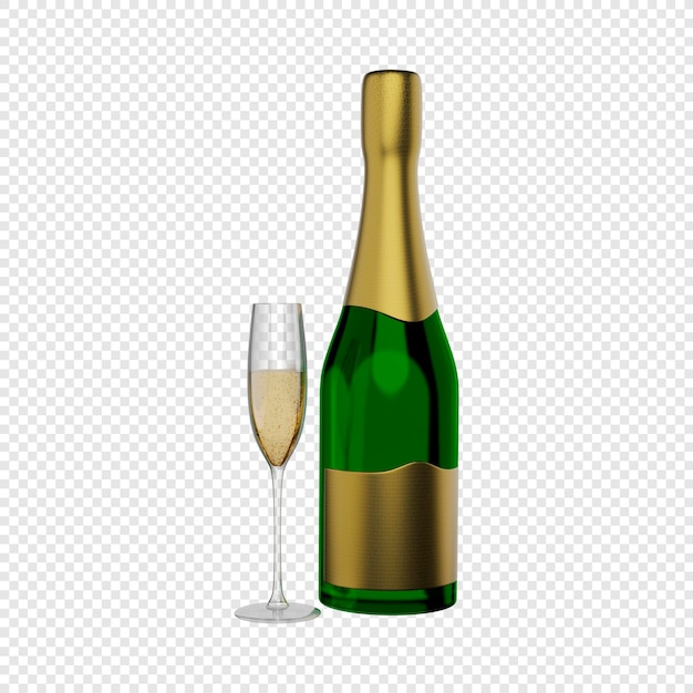 PSD champagne bottle and filled champagne glass celebration drinks isolated 3d rendering