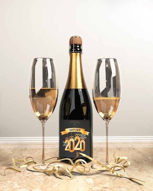 PSD champagne bottle and glasses for new year