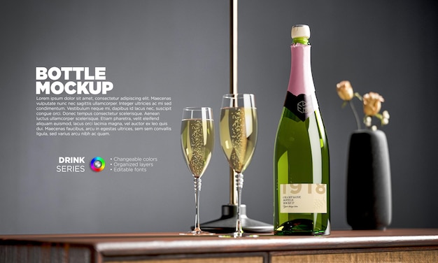 Champagne bottle label mockup with glasses