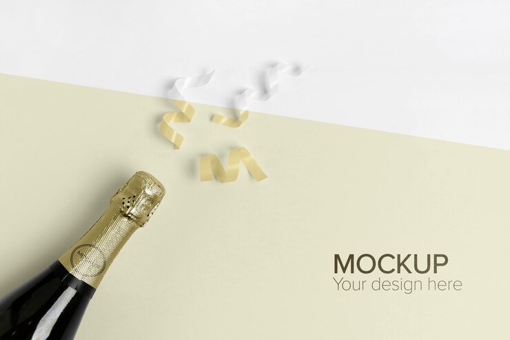 PSD champagne bottle mock-up and yellow confetti