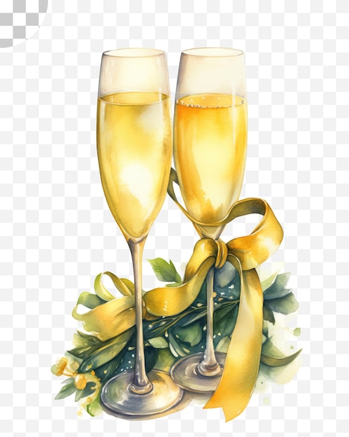 Un bicchiere di champagne con un nastro d'oro e un nastro d'oro su un tavolo