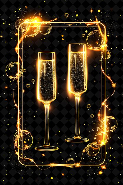 PSD champagne glasses with sparkling lights on a black background