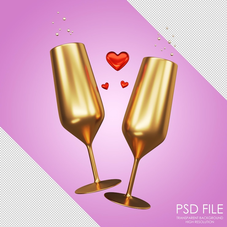 Champagne glazen pictogram Gouden wijnglazen met inscriptie liefde Twee champagneglazen Valentijnsdag Gouden glazen Bruiloft Liefde Hart 3D-rendering 3d illustratie