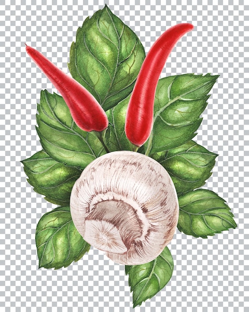 PSD champignon and basil and chili peppers composition. botanical watercolor illustration