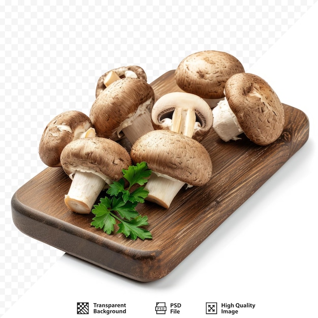 PSD champignon mushrooms on wooden board on white backround