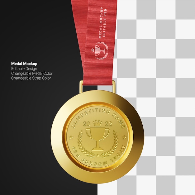 Золотая металлическая медаль в форме круга чемпиона с ремешком для ожерелья, редактируемый макет