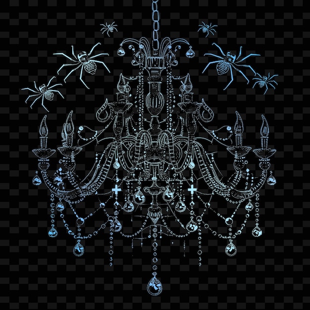 A chandelier with a blue and white pattern on a black background