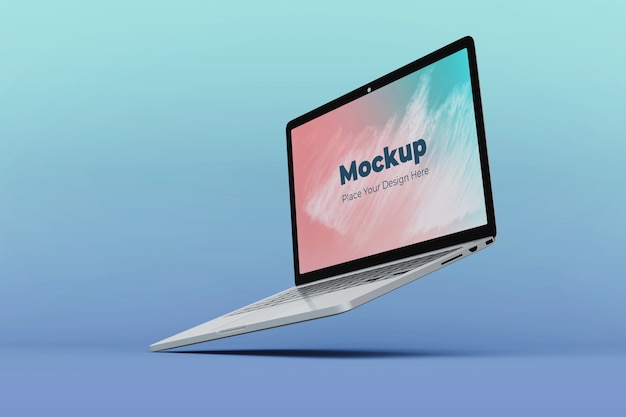 Changeable floating laptop display mockup design template