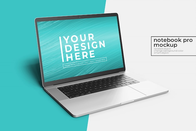 Mockup di photoshop pro da 15 pollici per notebook pro altamente modificabile altamente modificabile nella vista anteriore sinistra con sfondo