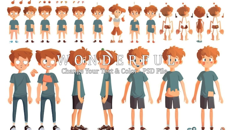 PSD character design sheet for cartoon boy