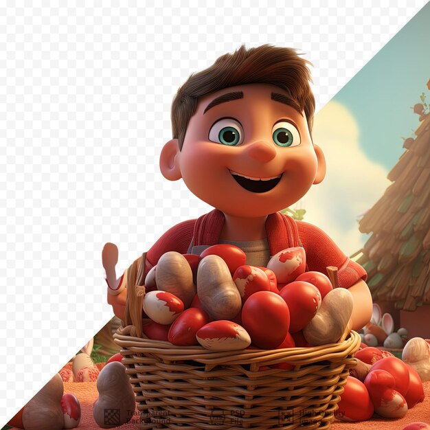 PSD character indicating a collection of red easter eggs with cheerful easter message in the background