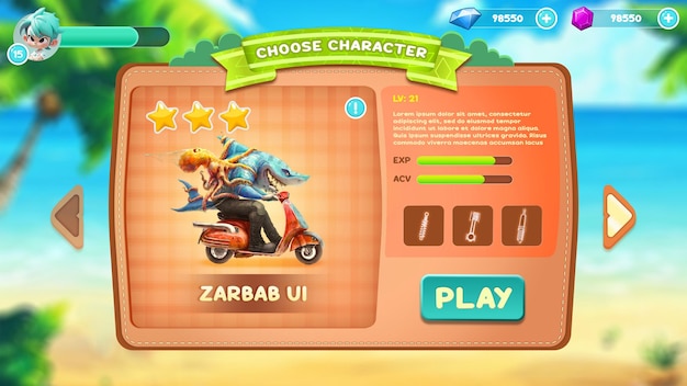 PSD character selection panel mobile game ui