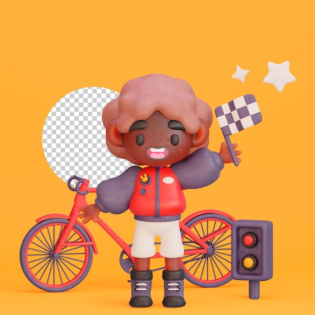 A character with a bike and a flag in his hand.