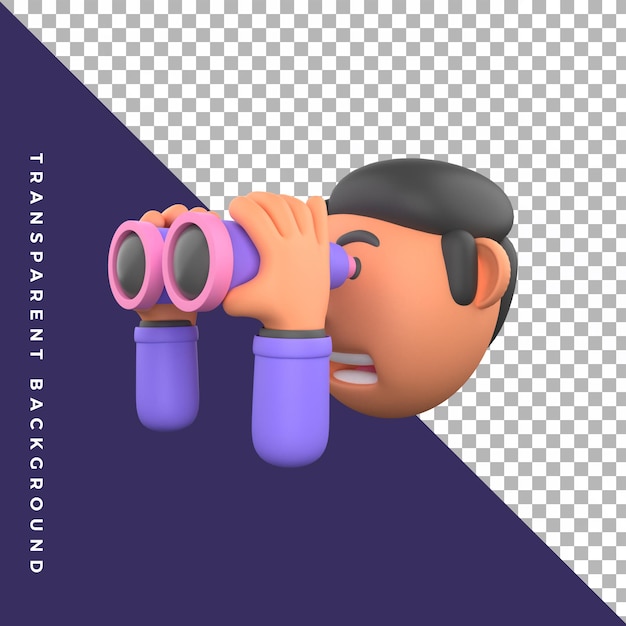 PSD character with hand gesture looking using binoculars telescope 3d illustration