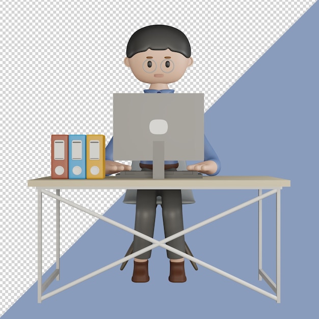 PSD character working on desktop computer at desk in office