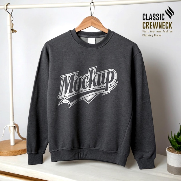 charcoal gray trendy crewneck mockup in soft cotton fabric