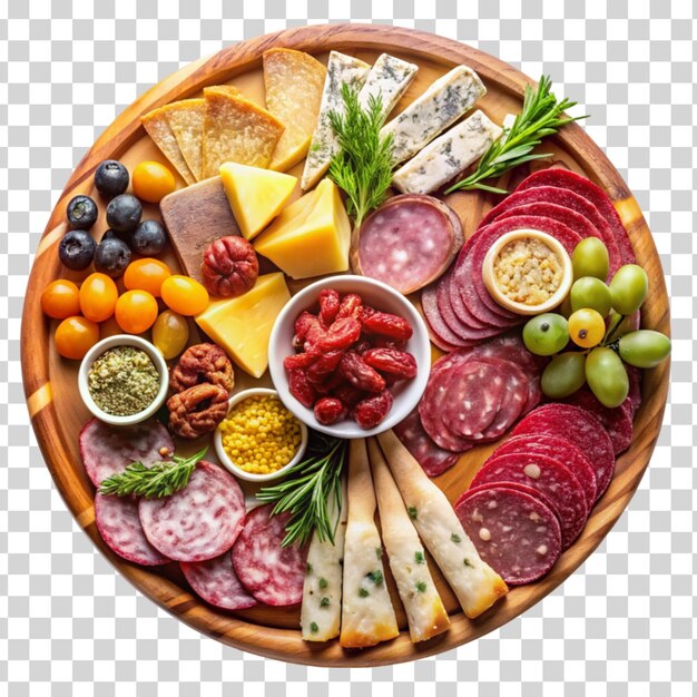 PSD a charcuterie board with an assortment of meats and cheeses isolated on transparent background