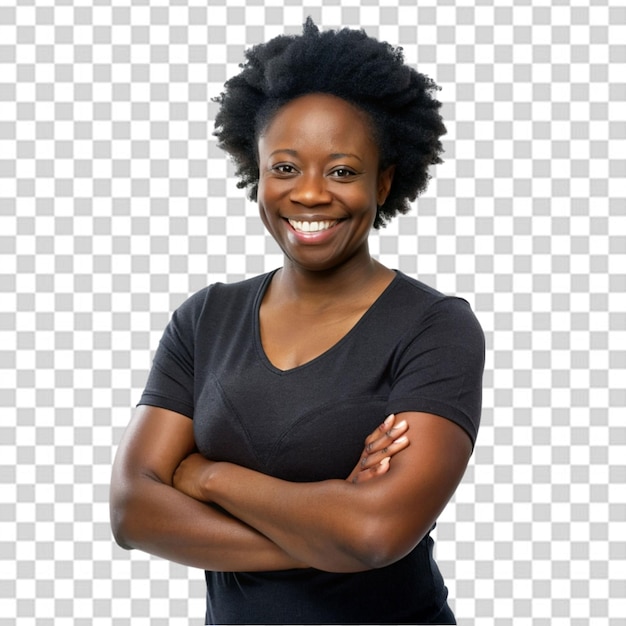 PSD charismatic cheerful attractive african american woman curly haircut wearing shirt holding