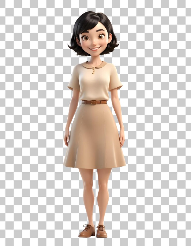 PSD 매력적인 3d 만화 여성 베이지 의상 짧은 머리 즐거운 표정