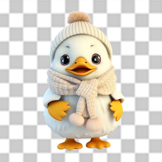 PSD 겨울 모험을 위해 옷을 입은 매력적인 3d 귀여운 아기 오리
