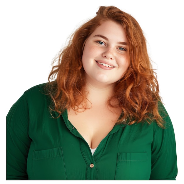 Charming bright happy young ginger chubby overweight woman 20s years old wears green shirt looking camera smiling People emotions lifestyle concept