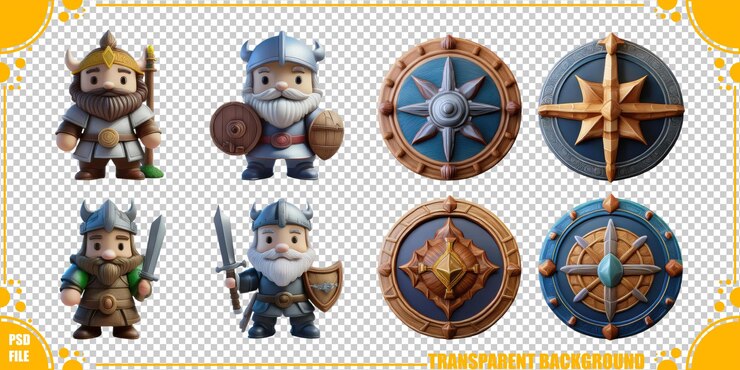 PSD charming cartoon characters and shields collection