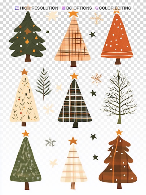 Charming Christmas Trees with Stars and Checkered Pattern Clipart