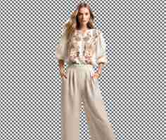 PSD charming embroidered blouse with wide leg pants isolated on transparent background