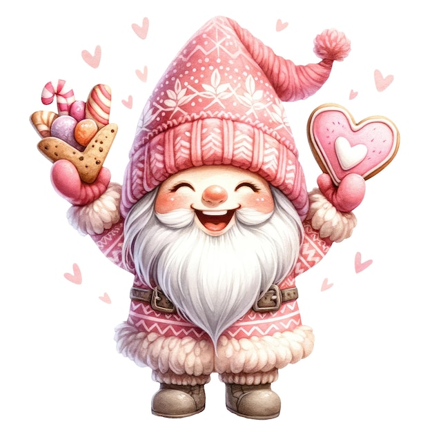 PSD charming gnome holding heartshaped cookie valentine watercolor clipart illustration