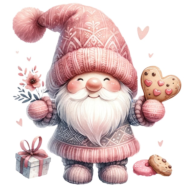 PSD charming gnome holding heartshaped cookie valentine waterverf clipart illustratie