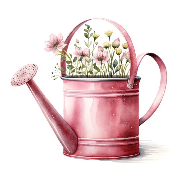 PSD a charming illustration of a pink metal watering can filled with fresh flowers