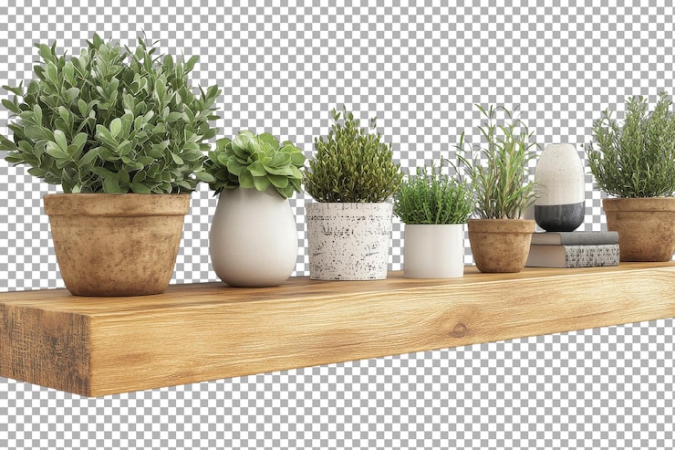 PSD charming indoor garden display featuring potted herbs and greenery on a rustic wooden shelf