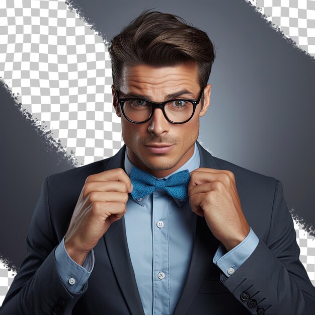 안경과 파란색 타이를 입은 매력적인 남자가 투명한 배경에 고립되어 있습니다.