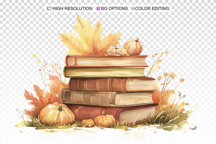 PSD charming pastel autumn books on white background