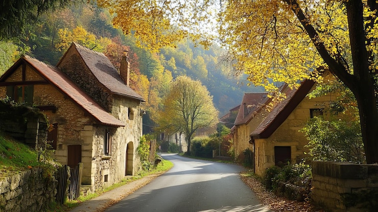 PSD charming stone houses on a winding road