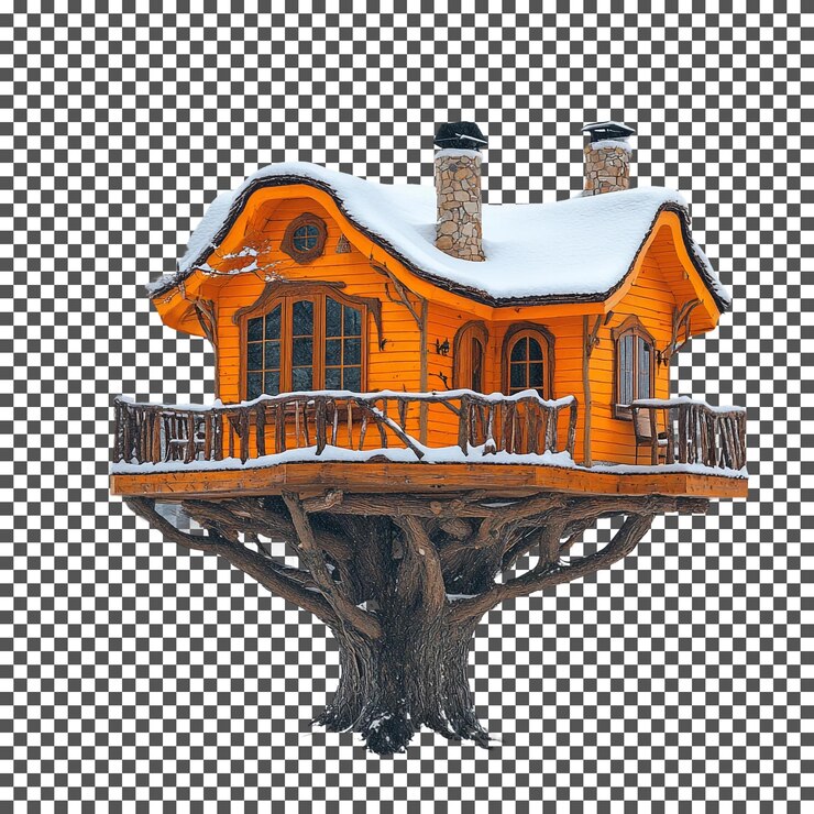 PSD charming winter treehouse retreat isolated on transparent background