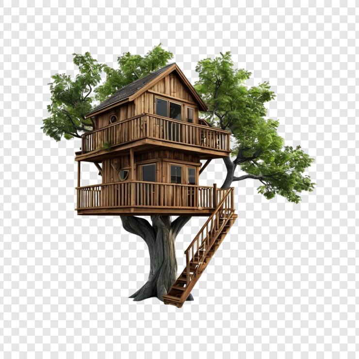 PSD charming wooden treehouse design rustic cabin stairs swing treetop home