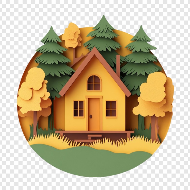 PSD a charming yellow house nestled in a paper craft autumn forest scene a cozy woodland home surrounded by trees and fall foliage
