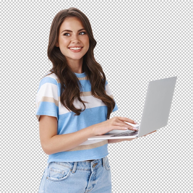 Charming young woman working freelance remote from office hold laptop typing university essay turn left smiling copy space joyful browsing web using computer