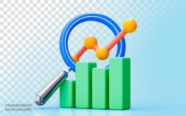 Diagramma grafico ingrandisci vetro 3d illustrazione ricerca profitto aziendale analizzare la politica di crescita del marketing