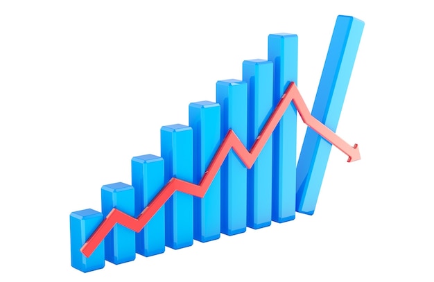 Chart with growth red arrow and crash in the end 3D rendering isolated on transparent background