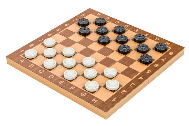 Checkers game board with pieces 3D rendering isolated on transparent background