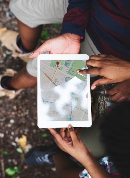 Checking the map on a tablet