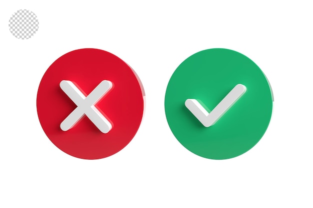 Checkmark and X mark icon 3D, buttons isolated on a transparent background