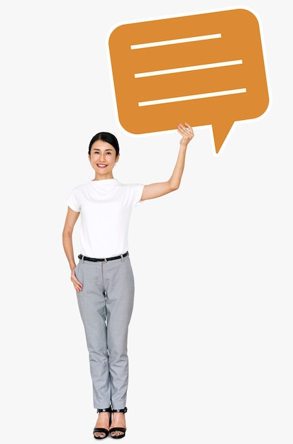 Cheerful Asian woman holding a speech bubble symbol