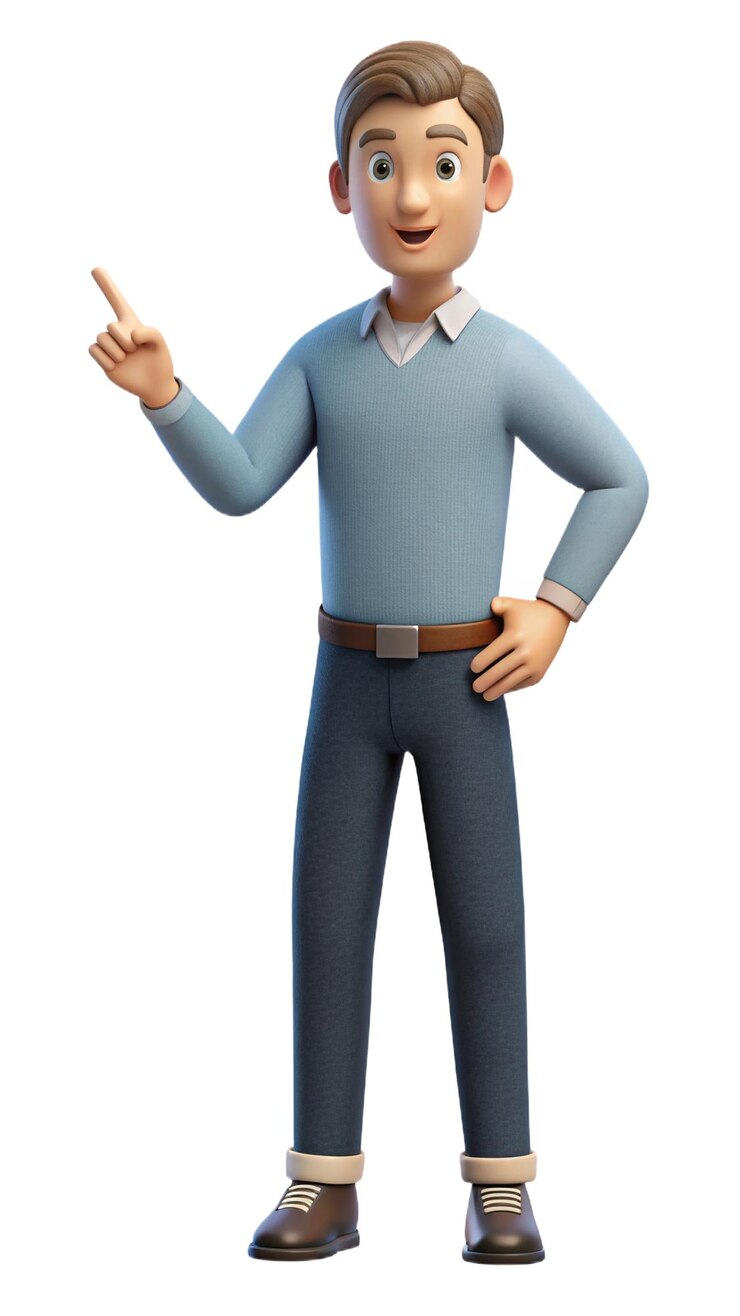 PSD cheerful cartoon character pointing with hand gesture in casual outfit plastic 3d character
