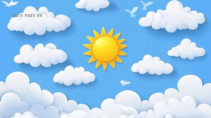 PSD cheerful cartoon sun clouds and birds on a bright blue sky